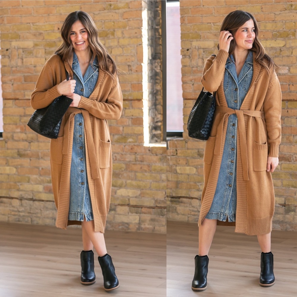Elan NWT Belted Longline Wool BlendCardigan Duster Sweater Camel Tan Small